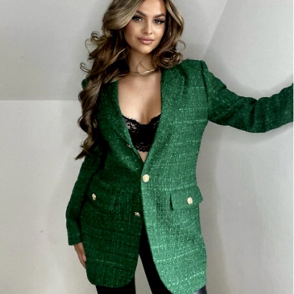 ZARA NEW WOMAN TEXTURED WEAVE TAILORED BLAZER JACKET GREEN 2761/062 Size S - Picture 6 of 15